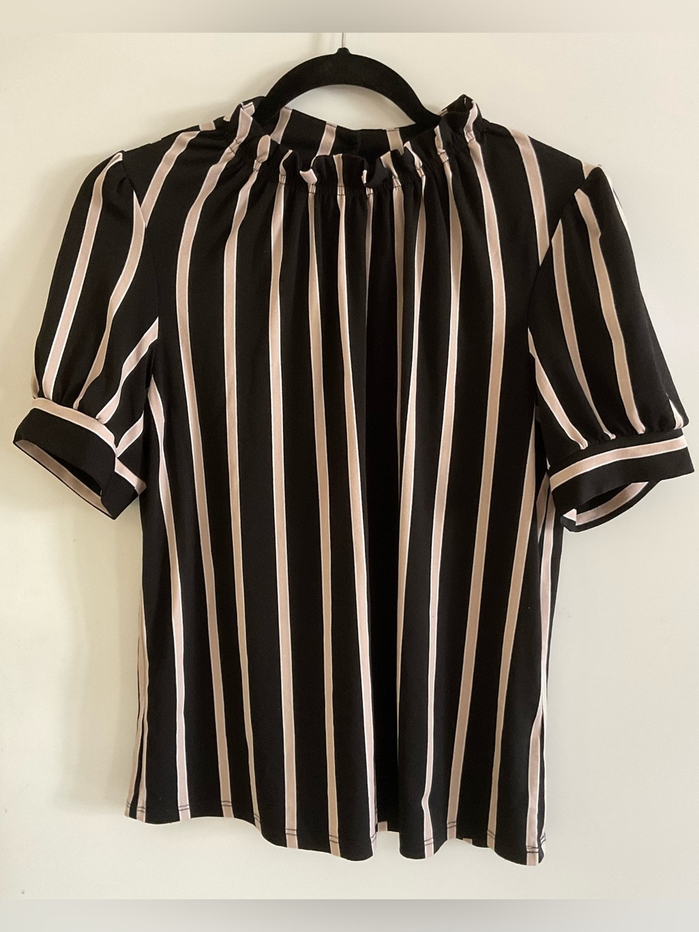 Adrianna Papell Black and Cream Vertical Stripe Short Sleeve Blouse